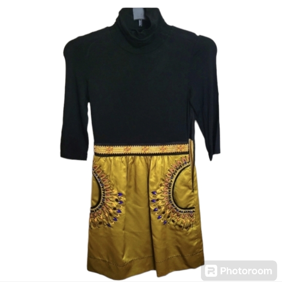 Silk Phoebe Couture Embroidered Black Gold Turtleneck Pocket Dress Size 2 - Picture 1 of 9